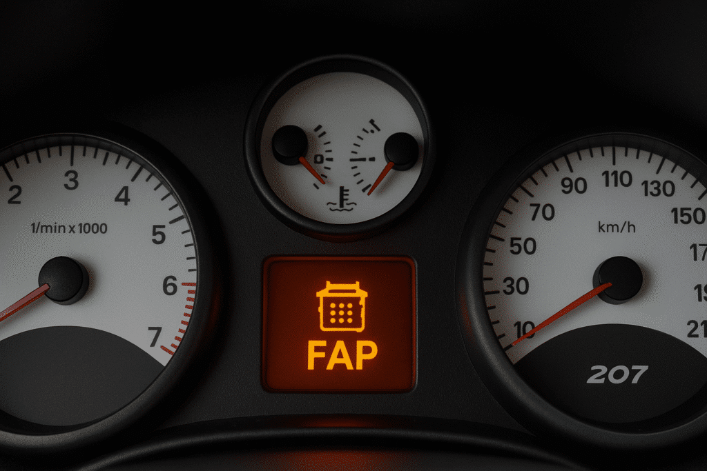Voyant FAP orange allumé sur le tableau de bord d'une Peugeot 207.