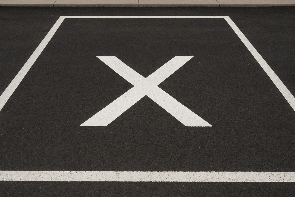 Que signifie une croix blanche sur un marquage au sol de stationnement ? 9 Marquage au sol d'une place de stationnement avec une grande croix blanche peinte en son centre.