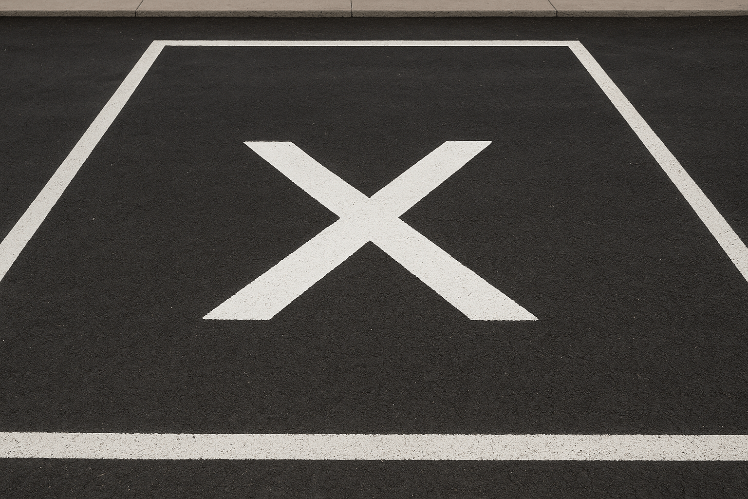Marquage au sol d'une place de stationnement avec une grande croix blanche peinte en son centre.
