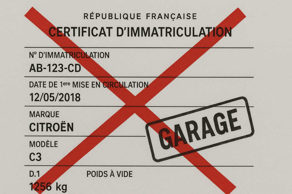 Carte grise barrée 2 fois : un professionnel peut-il me vendre cette voiture ? 10 Carte grise française barrée à deux reprises, avec un tampon de garage, signalant un problème administratif majeur.