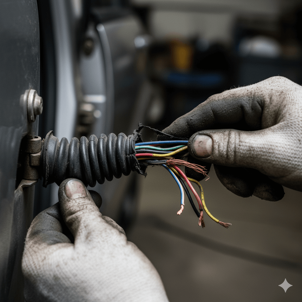 Gros plan sur la gaine en caoutchouc entre la portière et la caisse d'un Citroën Berlingo, où se coupe le faisceau.