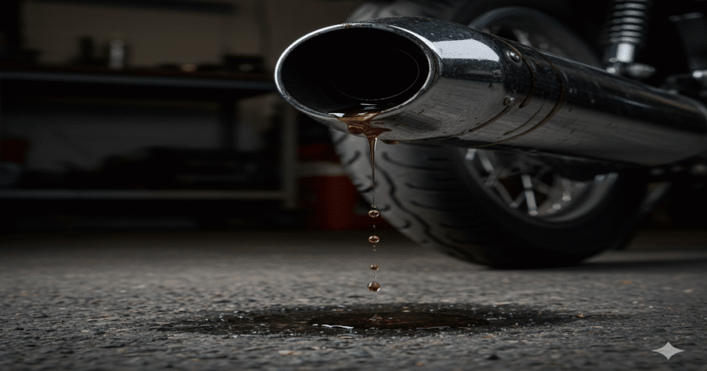 Gouttes d'essence coulant de la sortie d'un pot d'échappement de moto.