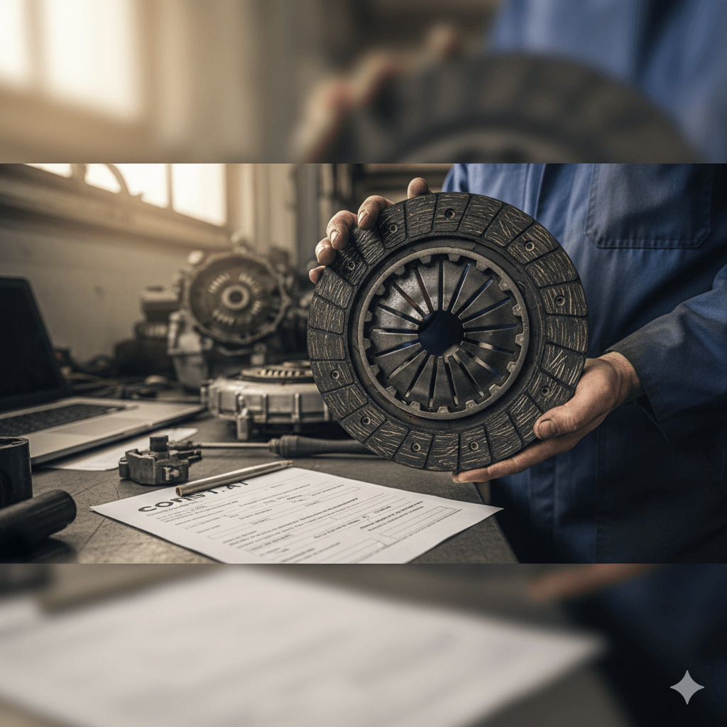 L'embrayage est-il un vice caché ? Vos droits et recours 10 Mécanicien tenant un disque d'embrayage usé, avec un document juridique (constat) en arrière-plan.
