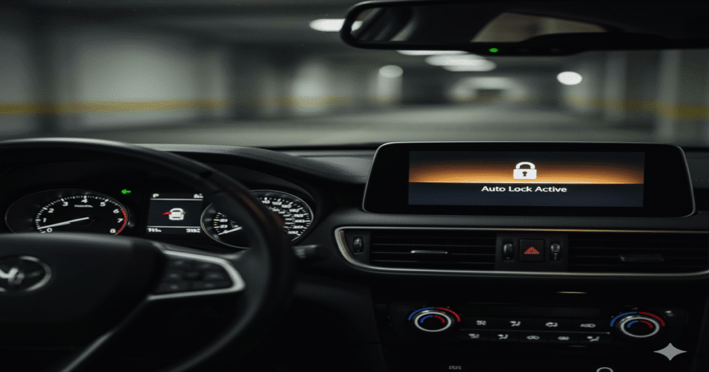 Tableau de bord d'une Peugeot 207 affichant le message "Auto Verrou Actif".