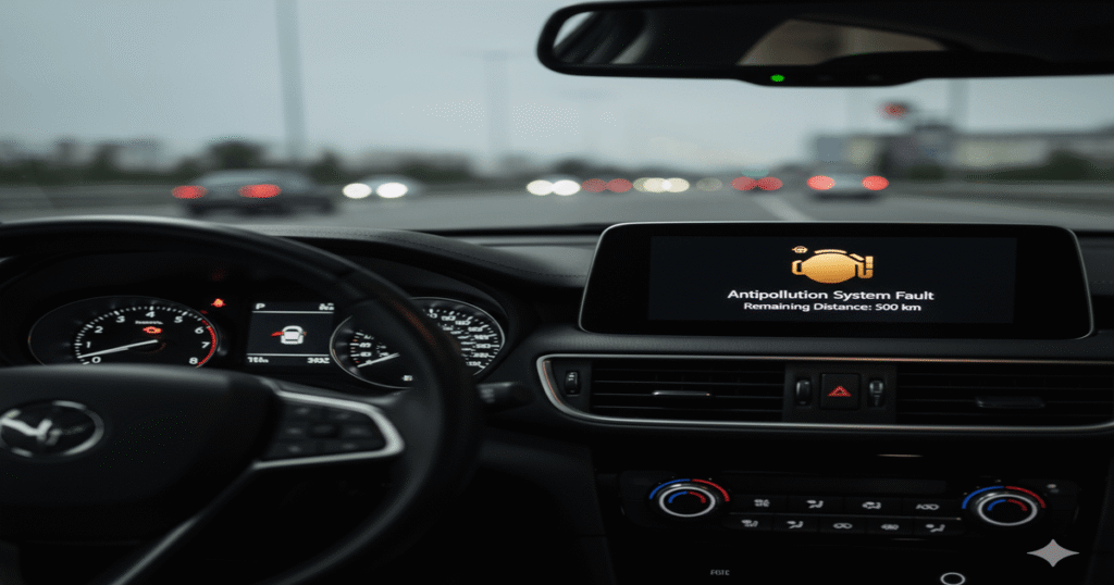 Tableau de bord d'une Peugeot 308 affichant le message "Défaut antipollution" et un compte à rebours kilométrique