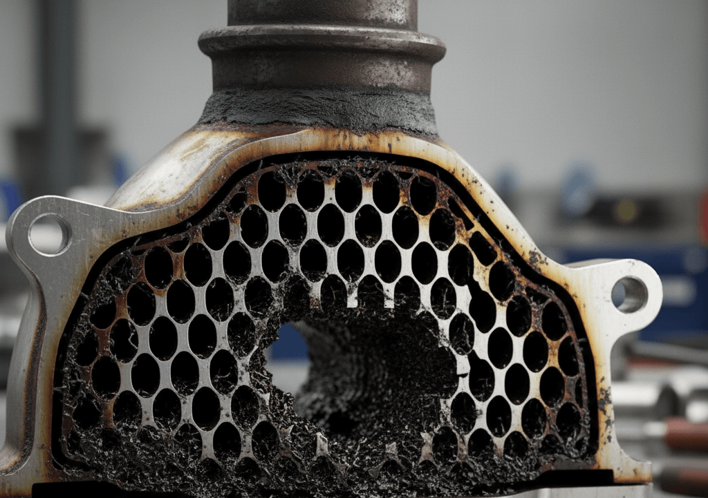 Un catalyseur est-il à régénérer ? Le guide du nettoyage 2 Vue en coupe d'un pot catalytique (nid d'abeille) encrassé.