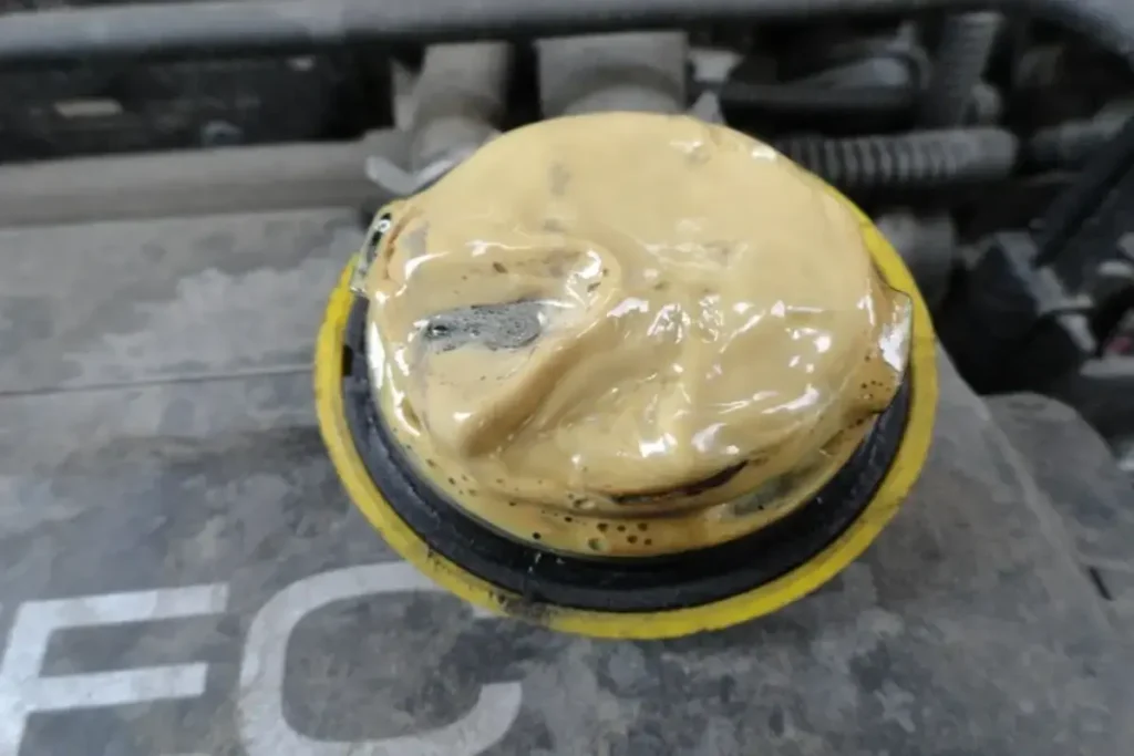 De la "mayonnaise" dans l'huile moteur : joint de culasse ou simple condensation ? 8 Bouchon de remplissage d'huile avec une pâte jaunâtre (mayonnaise) due à la condensation.