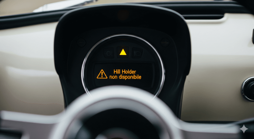 Message "Hill Holder non disponible" : causes et solutions 2 Tableau de bord Fiat 500 ou Alfa Romeo affichant le message d'erreur "Hill Holder non disponible".