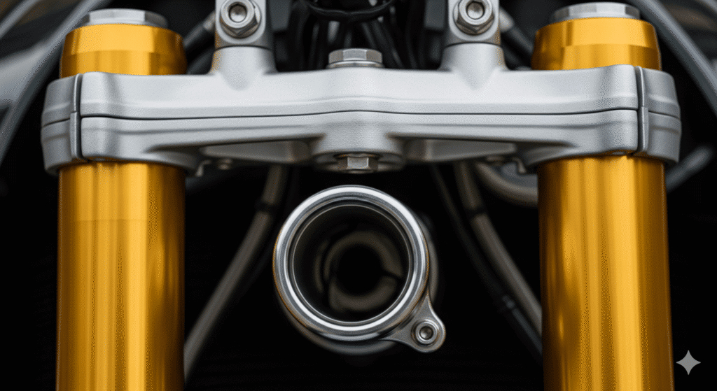 Fourche moto inversée : avantages, inconvénients et fonctionnement 9 Fourche inversée dorée (Öhlins) sur une moto sportive, montrant les fourreaux en haut.