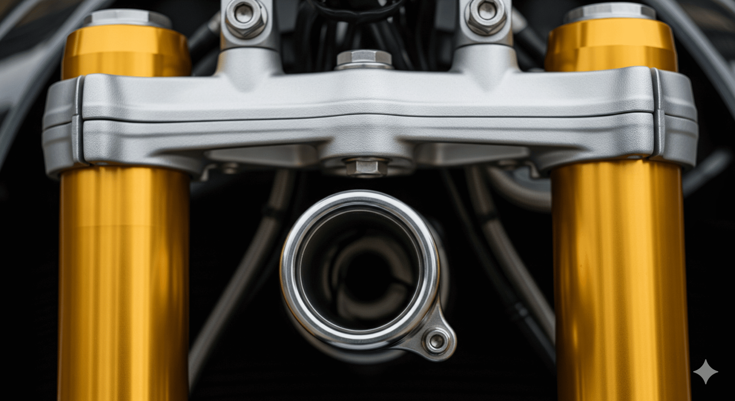 Fourche inversée dorée (Öhlins) sur une moto sportive, montrant les fourreaux en haut.