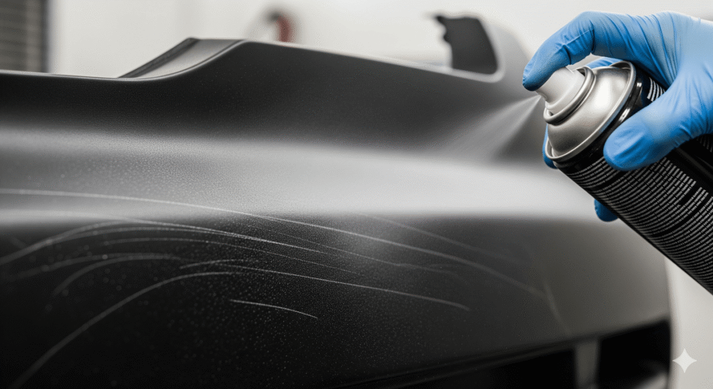 Peindre du plastique de voiture (pare-chocs, intérieur) : comment faire pour que ça tienne ? 6 Application d'un primaire d'adhérence en bombe sur un pare-choc de voiture en plastique poncé.