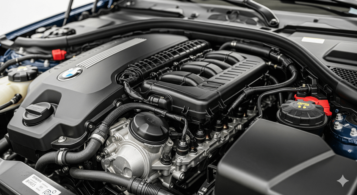 Moteur BMW M47 (2.0 diesel) avec le cache plastique retiré, montrant le collecteur d'admission.