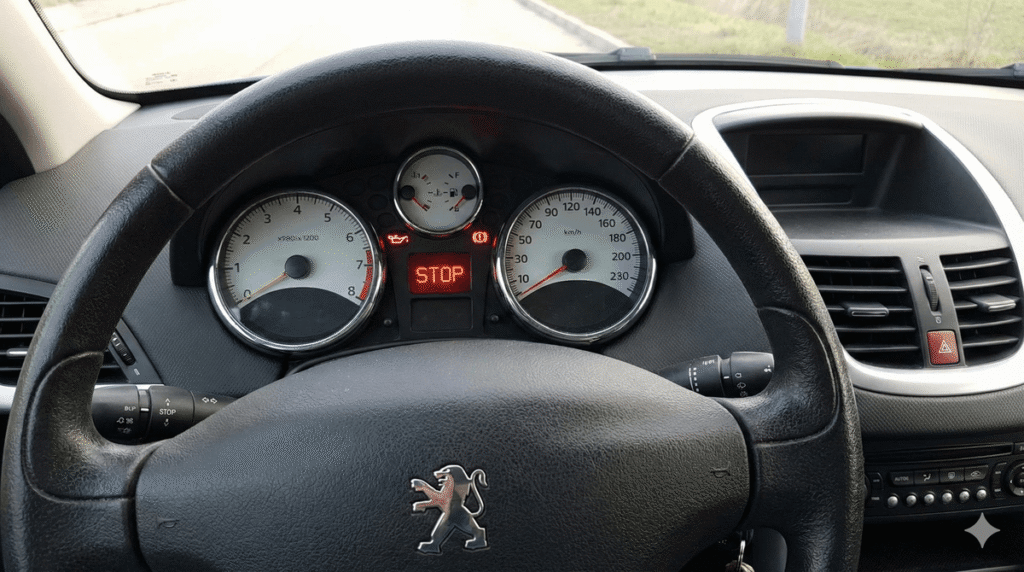 Message "Pression huile insuffisante" sur Peugeot 207 : arrêt immédiat ! 6 Tableau de bord Peugeot 207 avec le voyant burette d'huile rouge allumé et le message STOP.