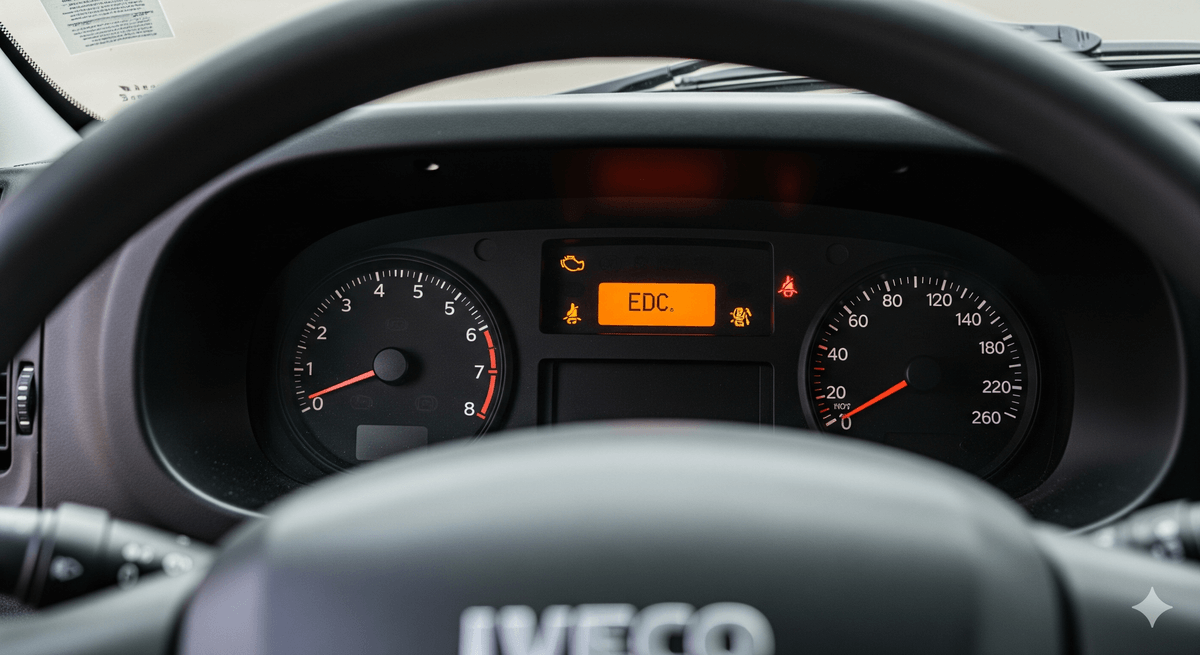 Tableau de bord d'un fourgon Iveco Daily avec le voyant rouge ou orange "EDC" allumé.