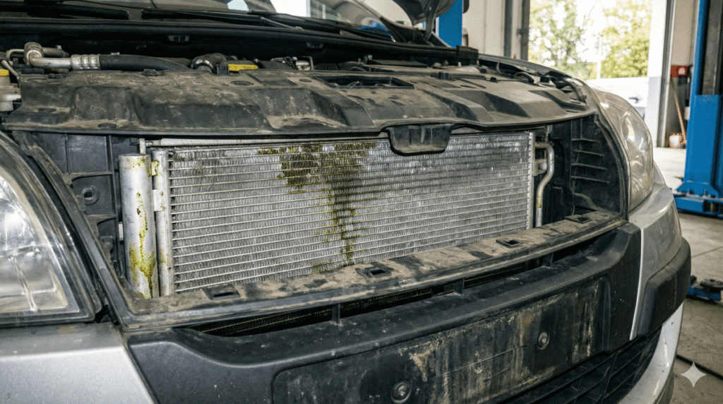 Clim de Mégane 3 qui ne fonctionne plus : les 3 pannes fréquentes 4 Condenseur de climatisation de Renault Mégane 3 visible à travers la calandre, avec des traces de fuite.