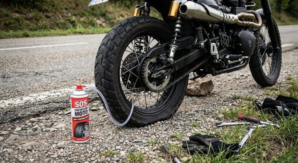 Peut-on rouler longtemps avec une bombe anti-crevaison à moto ? 5 Roue arrière de moto avec une bombe anti-crevaison raccordée à la valve sur le bord de la route.