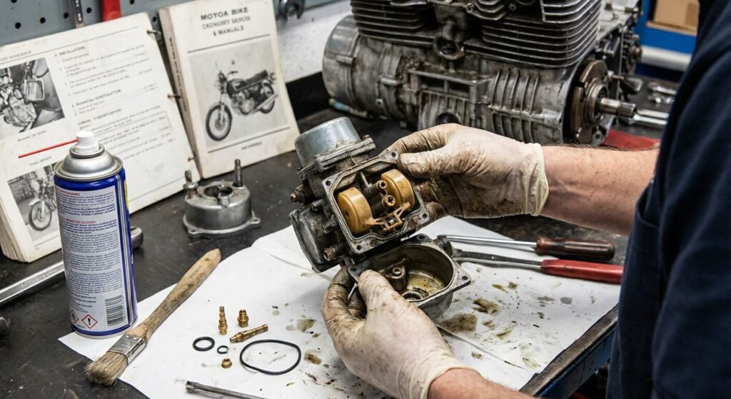 Ma moto démarre mais cale dès que j'accélère : causes et solutions 3 Démontage de la cuve d'un carburateur moto pour nettoyer les gicleurs.