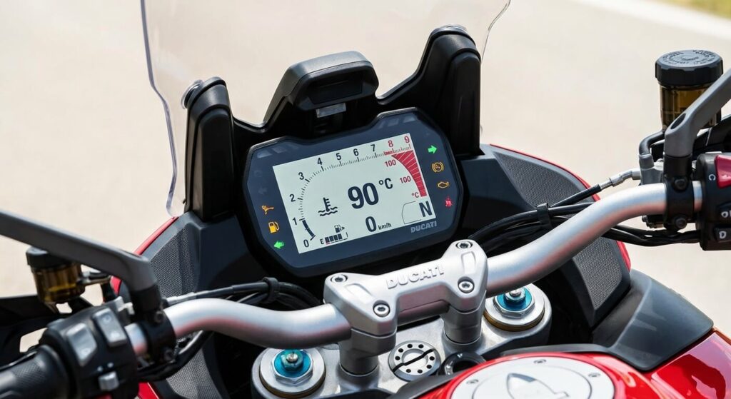 Température moteur moto : quelle est la normale et quand s'inquiéter ? 1 Tableau de bord de moto affichant une température moteur de 90 degrés Celsius.