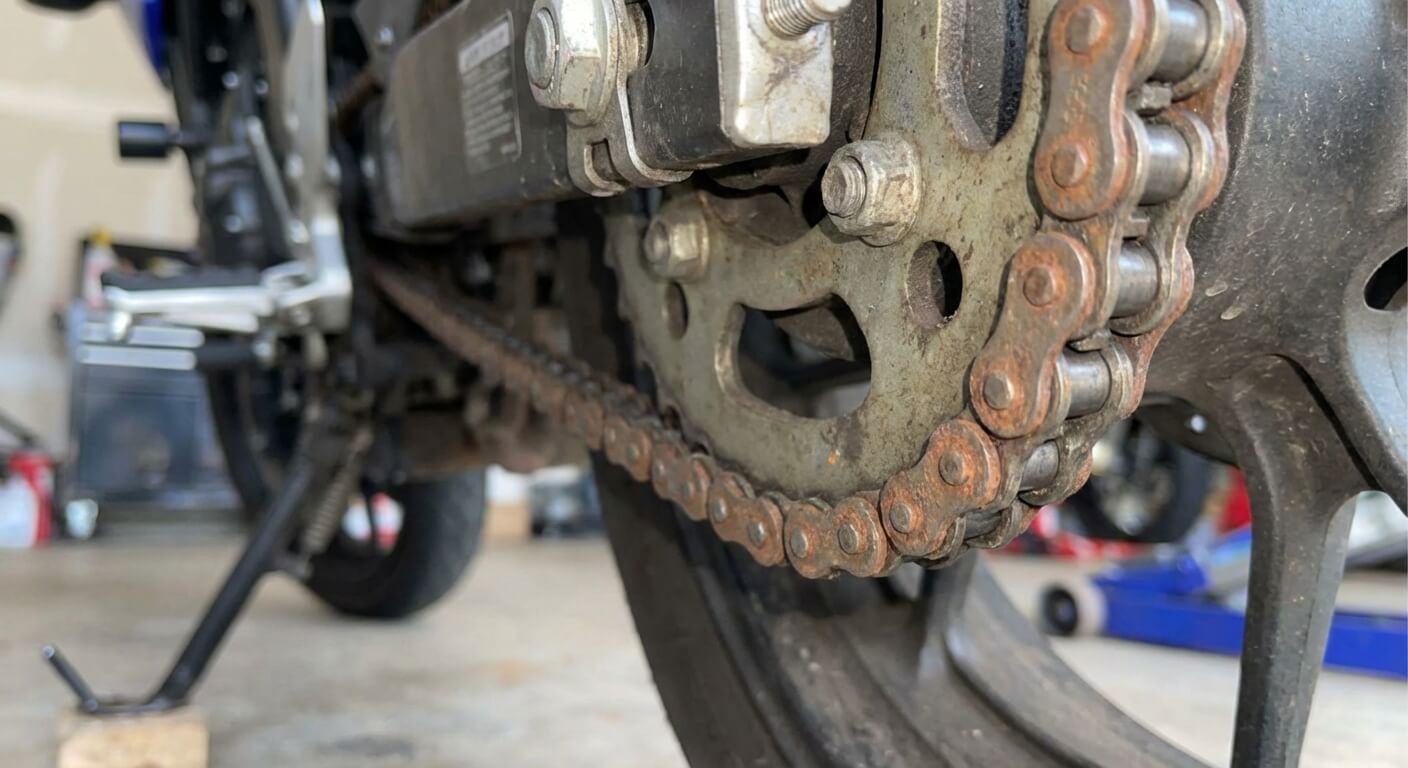 Chaîne de moto présentant des traces de rouille superficielle sur les maillons.