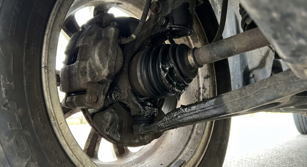 Combien de temps peut-on rouler avec un cardan qui claque ? 7 Soufflet de cardan déchiré laissant échapper de la graisse sur une roue de voiture.