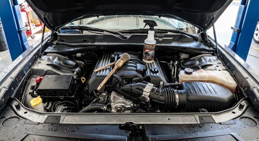 Comment nettoyer de l'huile sur un moteur sans risque pour l'électronique ? 4 Moteur de voiture propre après nettoyage, avec un pinceau et un spray dégraissant.