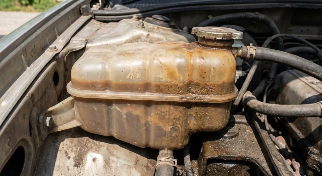 Comment nettoyer et purger le circuit de refroidissement de sa voiture ? 3 Vase d'expansion avec du liquide de refroidissement marron boueux, signe d'un circuit encrassé.