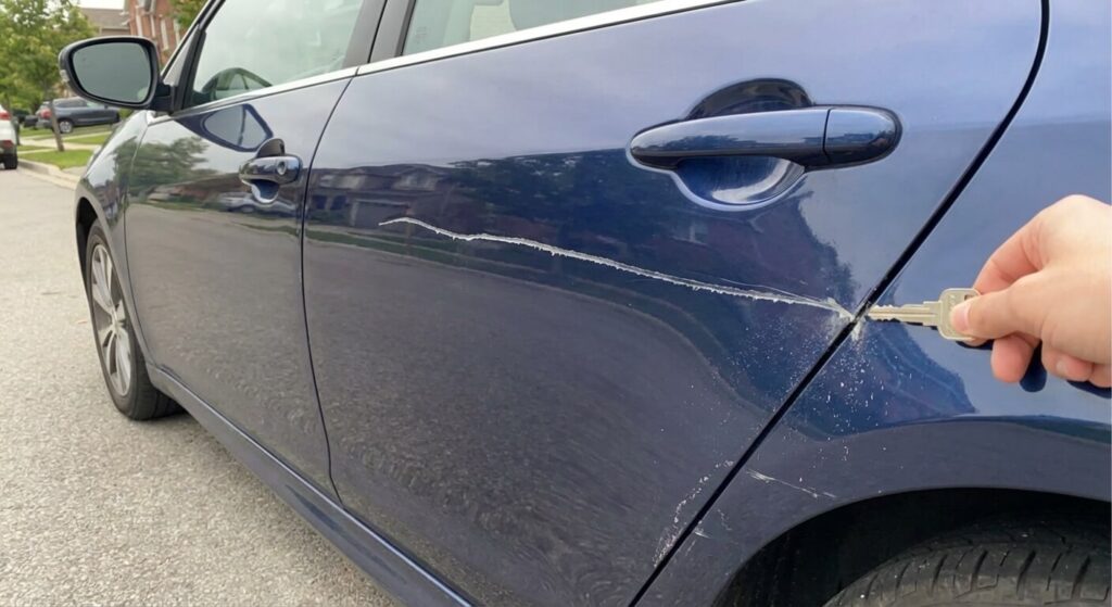 Portière de voiture vandalisée avec une longue rayure faite à la clé.