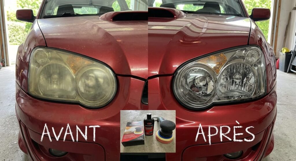 Comparaison avant/après d'un phare de voiture terni puis rénové.