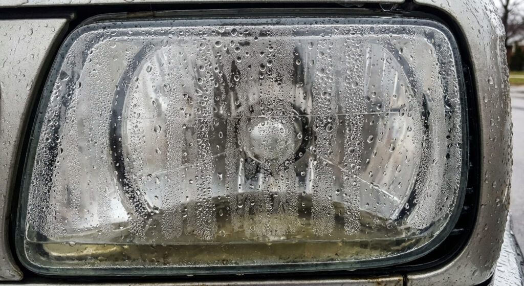 Optique de phare avant rempli de gouttelettes d'eau et de buée dense.