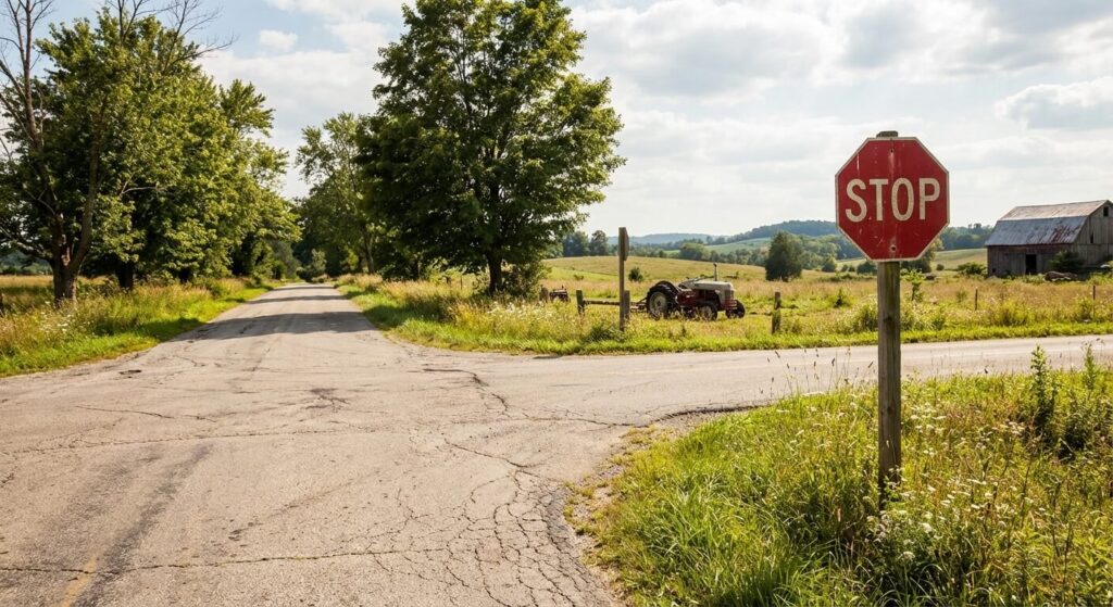 Panneau STOP sans marquage au sol : où doit-on s'arrêter ? 1 Intersection de campagne avec un panneau STOP vertical bien visible mais aucune bande blanche peinte sur la chaussée.