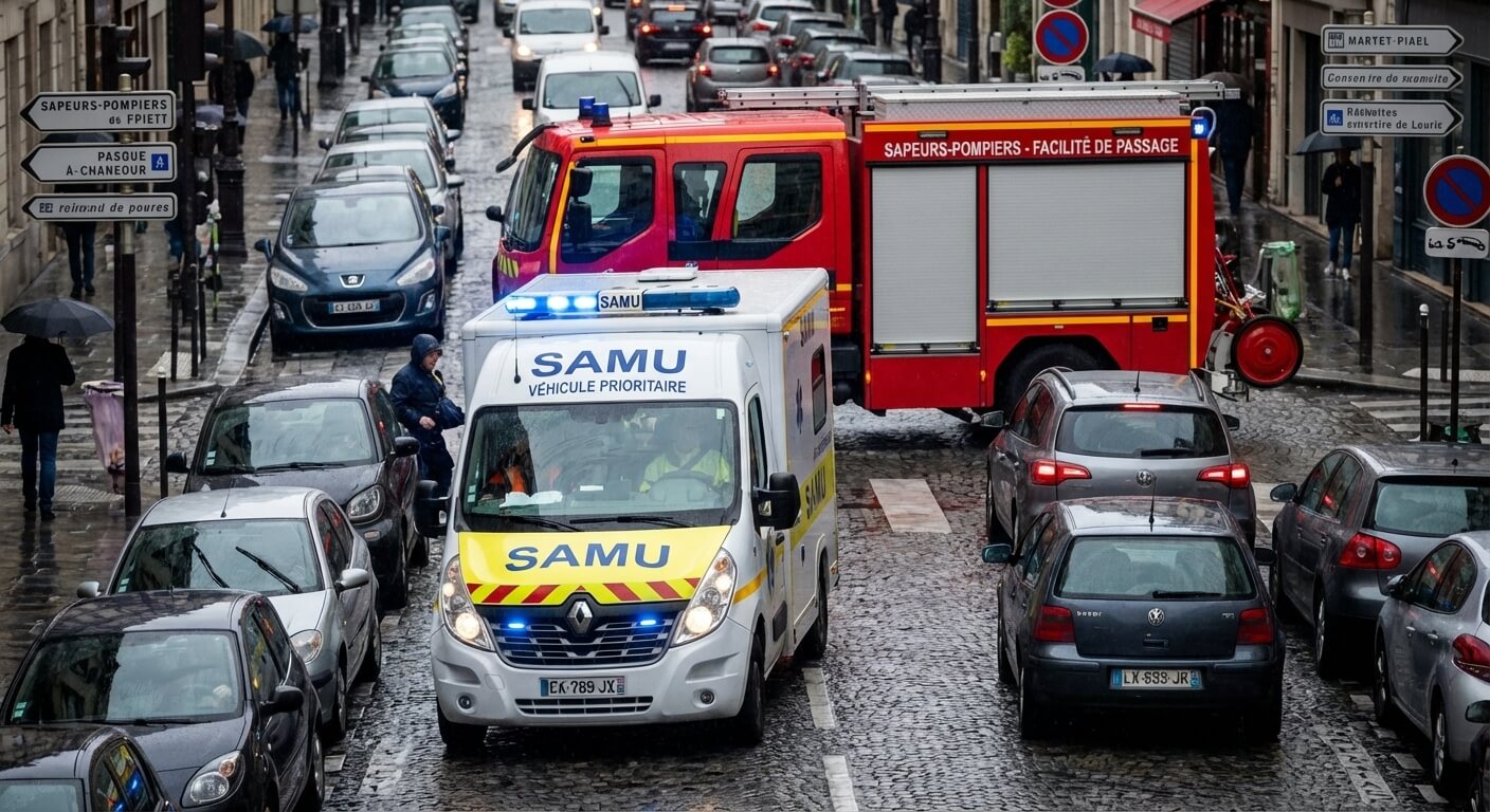Ambulance du SAMU et véhicule de pompiers dans la circulation, illustrant la différence entre les véhicules prioritaires et ceux à facilité de passage.