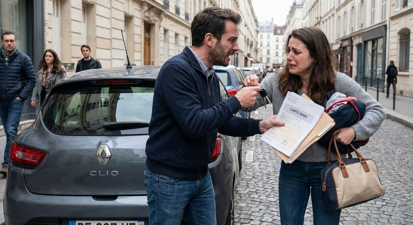 Couple en pleine séparation se disputant les clés et les papiers d'une voiture, illustrant le conflit de carte grise.