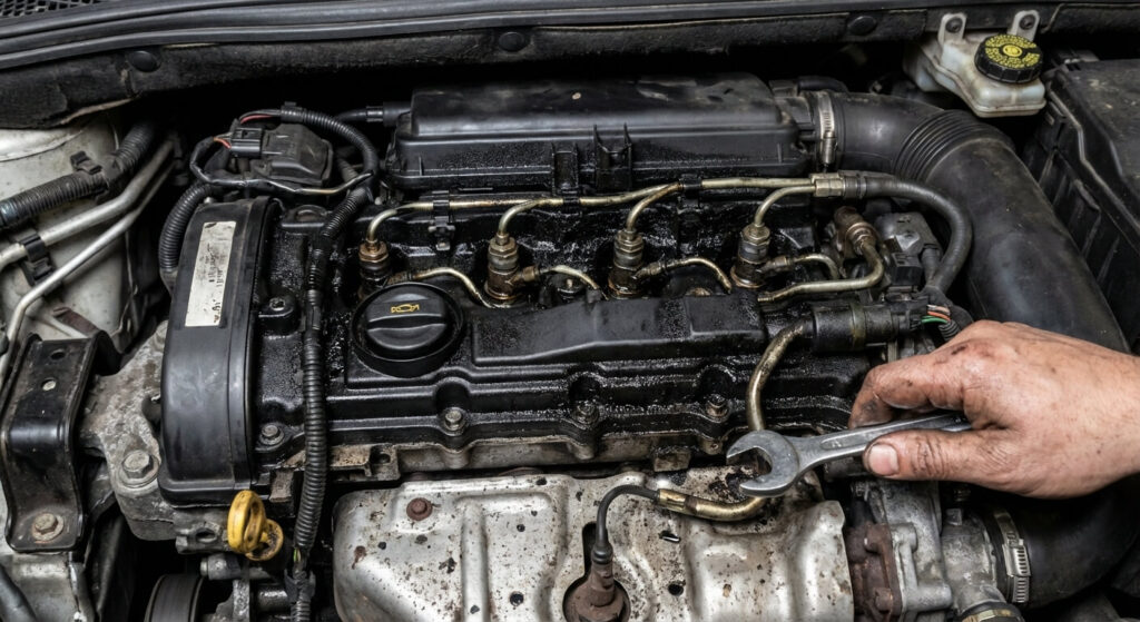 Fuite au joint de cache-culbuteur sur 1.6 HDi : attention danger 1 Haut moteur 1.6 HDi montrant des traces d'huile noire et de suie autour des injecteurs et du cache culbuteur.