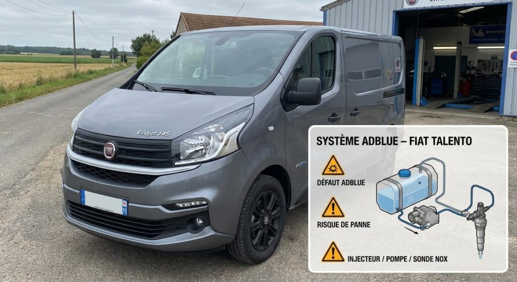 Fiat Talento 2.0 EcoJet 145 : fiabilité et problèmes connus 8 Utilitaire Fiat Talento 2.0 Ecojet 145 stationné, avec un encart illustrant le système AdBlue souvent problématique.