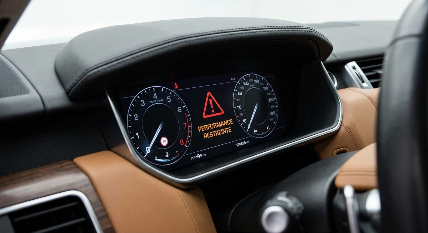 Tableau de bord de Range Rover Sport affichant le message d'alerte Performance Restreinte accompagné du triangle rouge.