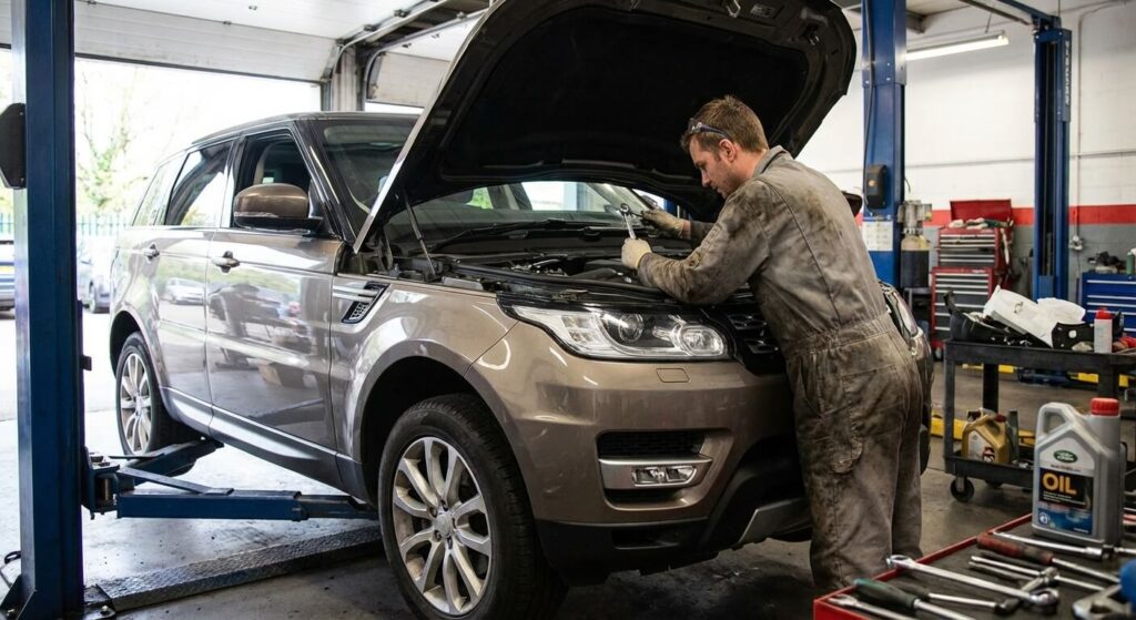 mécanicien qui travaille sur un Range Rover
