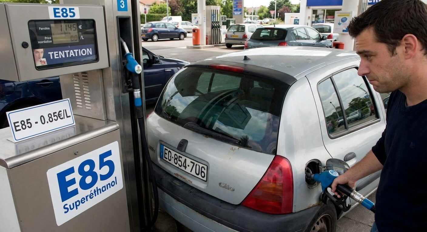 Renault Clio 2 à la pompe E85, pistolet bleu en main, illustrant la tentation du plein à l'éthanol sans modification.