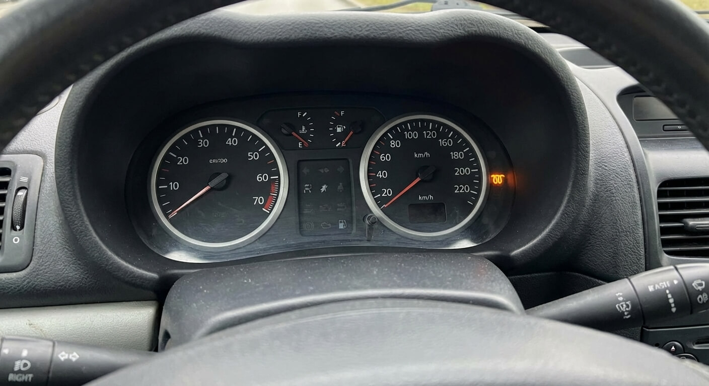 Tableau de bord de Clio 2 essence affichant le voyant orange en forme de ressort (préchauffage/électronique) allumé.