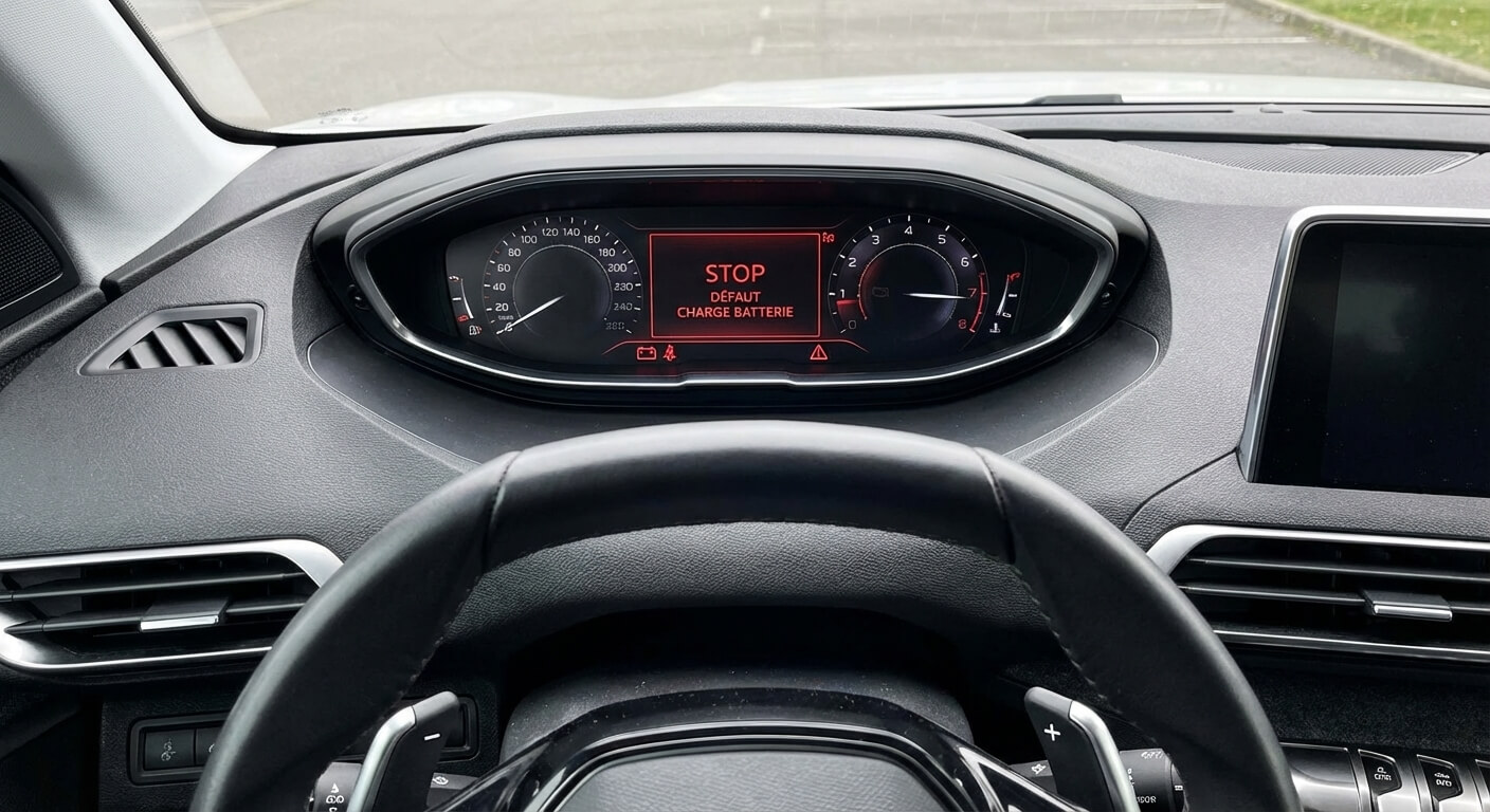 Tableau de bord affichant le message d'alerte rouge STOP "Défaut charge batterie" ou "Alimentation électrique défaillante".