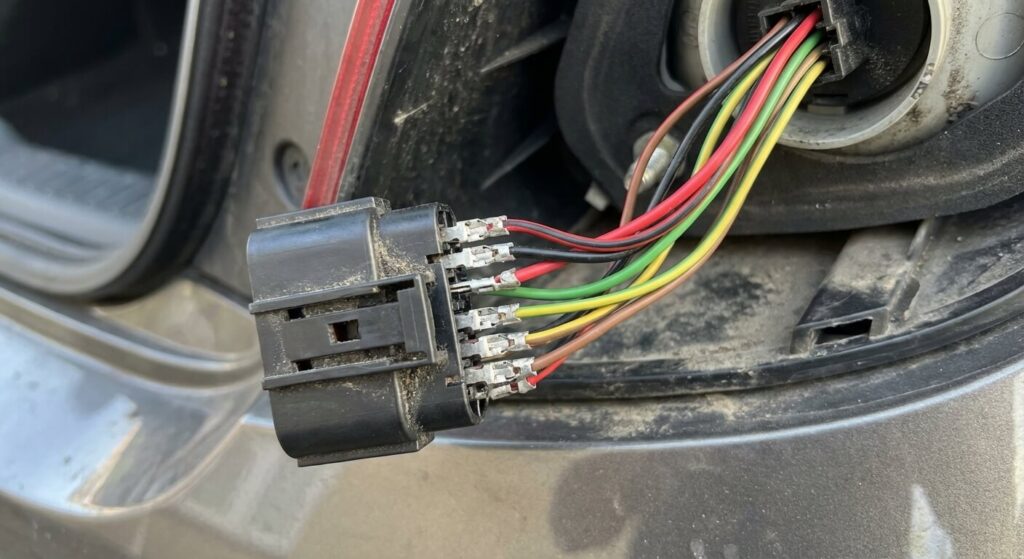 Gros plan sur le connecteur électrique débranché d'un feu arrière de Peugeot 207, montrant les différents fils colorés.