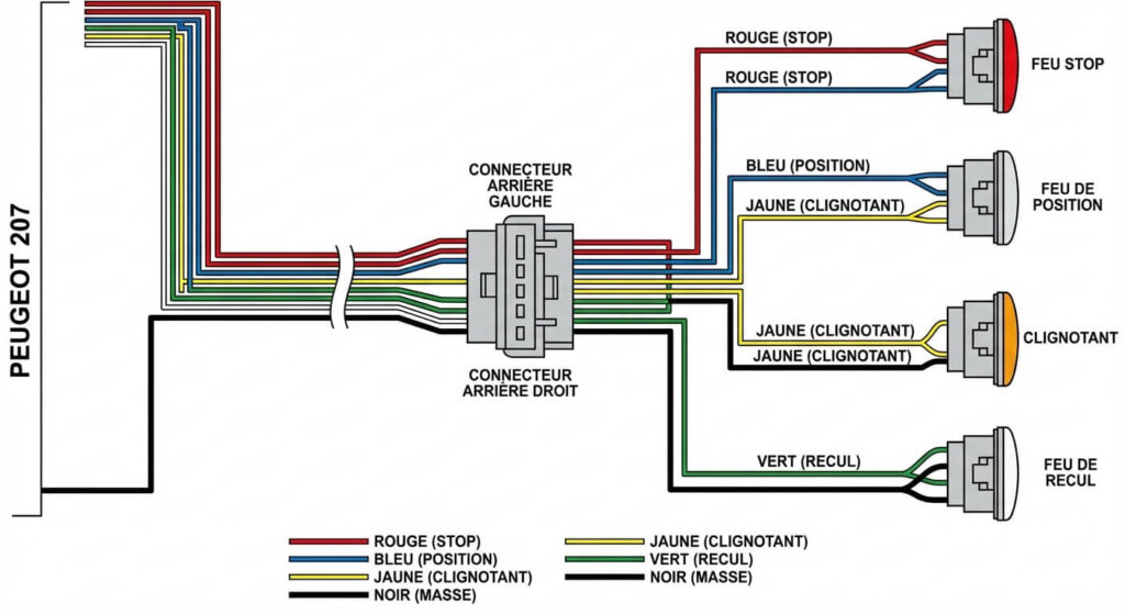 schéma faisceau couleur fil feux arriere 207