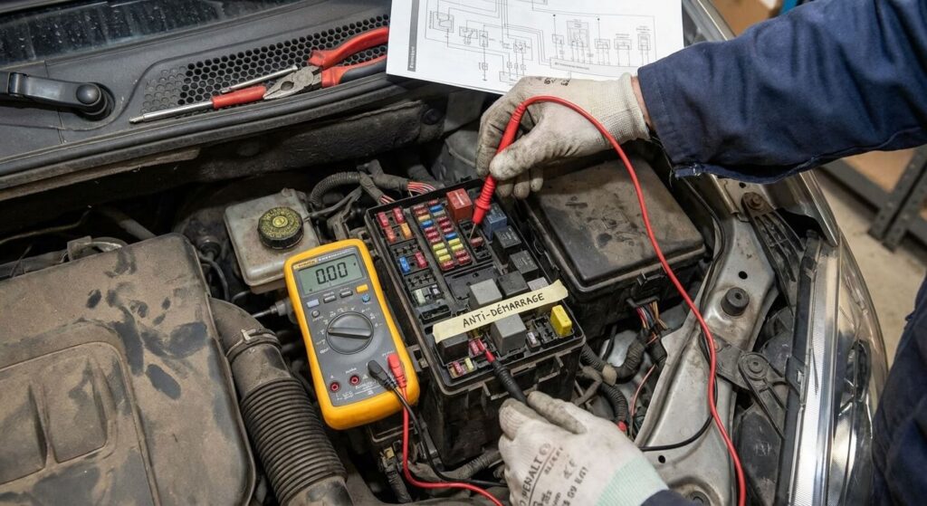 Boîte à fusibles d'un Renault Kangoo ouverte, avec un testeur électrique cherchant une panne d'anti-démarrage.