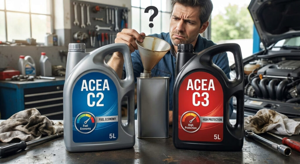 Peut-on mélanger de l'huile C2 et C3 ? Risques et compatibilité 6 Deux bidons d'huile moteur côte à côte, l'un marqué ACEA C2 et l'autre ACEA C3, illustrant le dilemme du mélange.