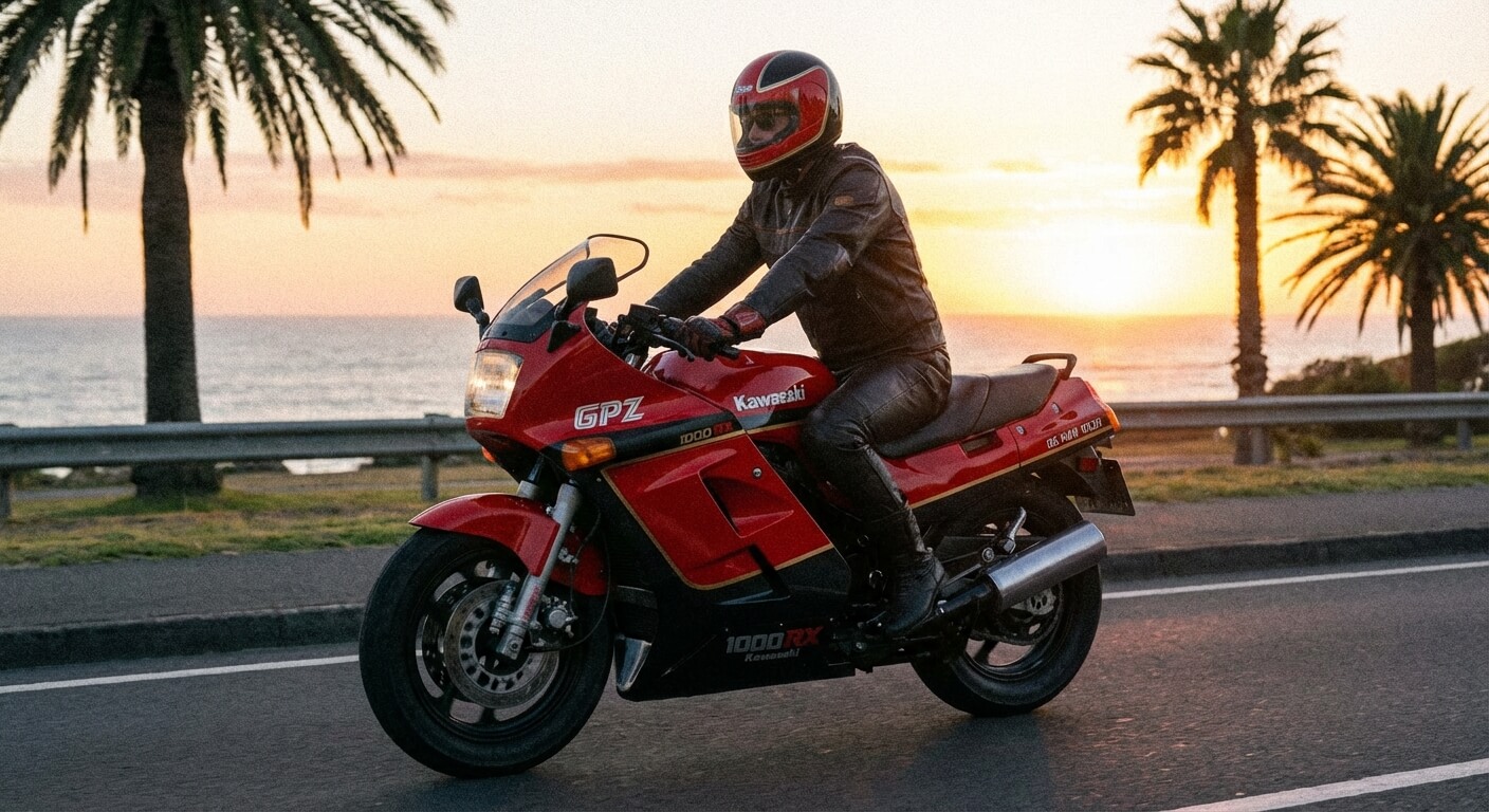 Kawasaki GPZ 1000 RX de 1986, profil caréné rouge et noir, icône des années 80.