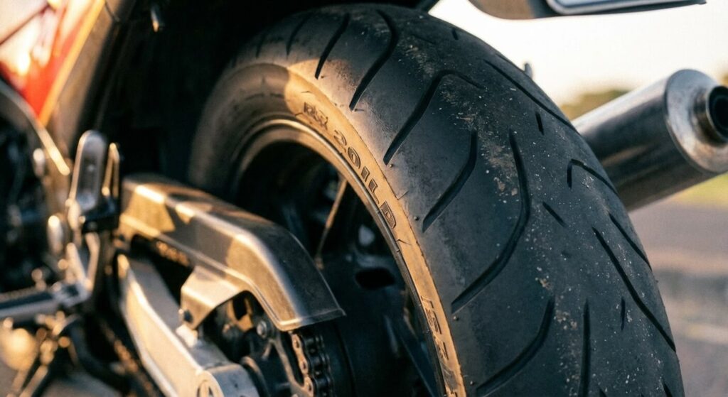 Gros plan sur un pneu arrière de moto montrant une large bande de peur (zone non utilisée) sur le bord de la bande de roulement.