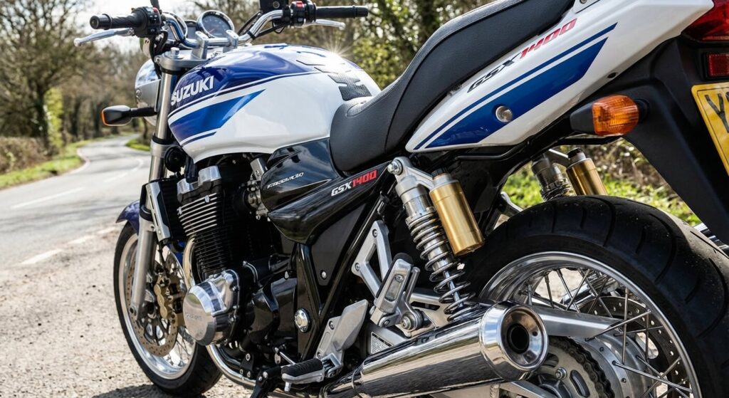 Suzuki GSX 1400 en coloris bleu et blanc classique, mettant en évidence ses deux amortisseurs arrière à bonbonne séparée.