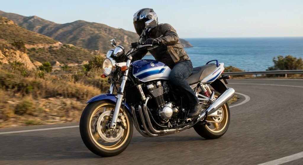 Suzuki GSX 1400 : quels sont les problèmes de fiabilité du "Gros Cube" ? 3 Suzuki GSX 1400 qui roule sur route de montagne