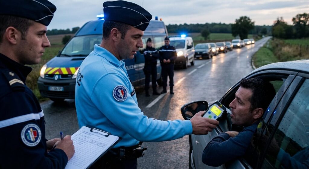 Contrôle d'alcoolémie par éthylomètre au bord de la route, moment clé où des vices de procédure peuvent survenir.