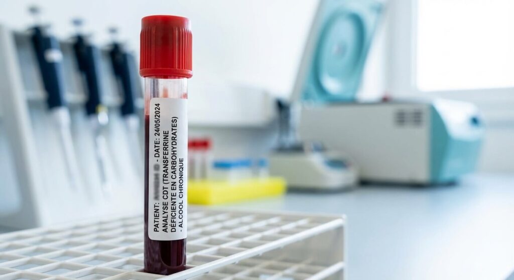 Tube de prélèvement sanguin en laboratoire pour analyse des CDT, marqueurs de la consommation d'alcool chronique.