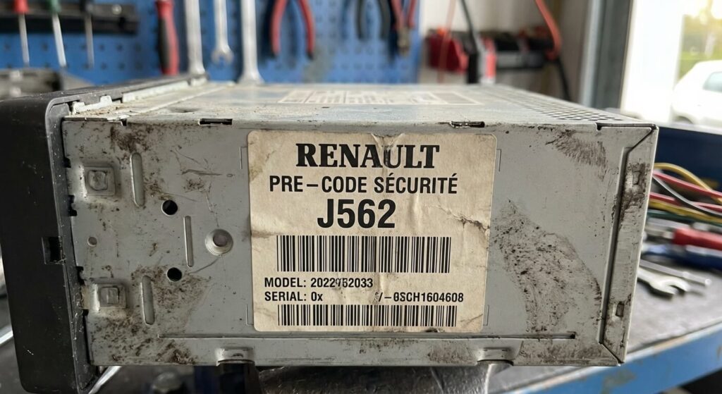 Code radio Renault Kangoo : Comment le récupérer gratuitement et l'entrer ? 4 Étiquette collée sur le côté d'un autoradio de Renault Kangoo montrant le pré-code de sécurité nécessaire au déblocage
